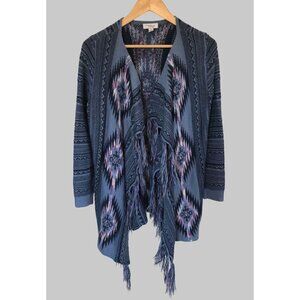 Great Northwest Indigo Cardigan Sweater Women's S Aztec Fringe Southwestern Boho